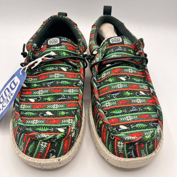 Hey Dude Wally‎ Fishmas Mens Size 10 Christmas Sweater Shoes Loafers Green NEW